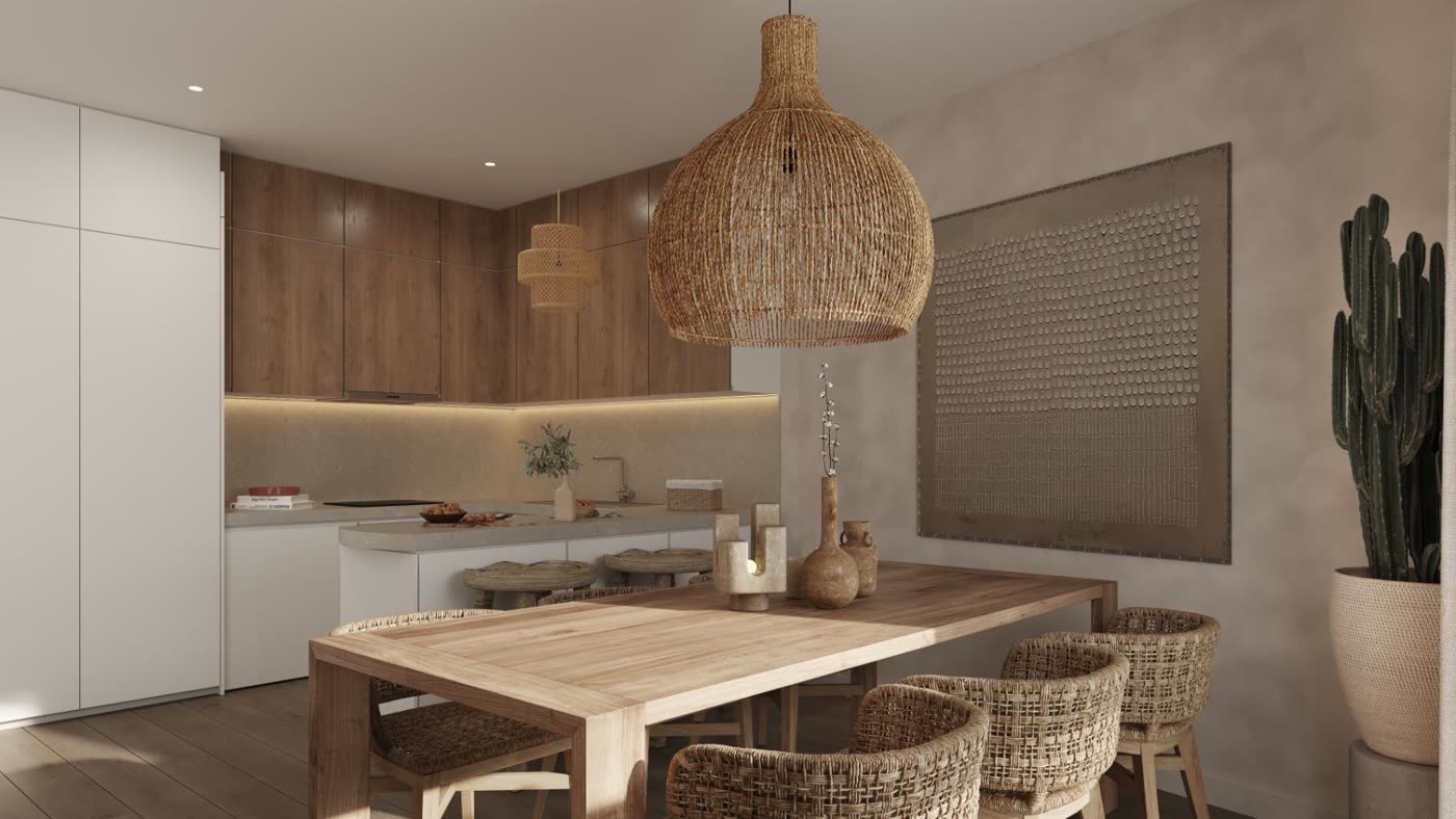 Imagen virtual de la cocina con frentes de madera, isla blanca y mesa de comedor
