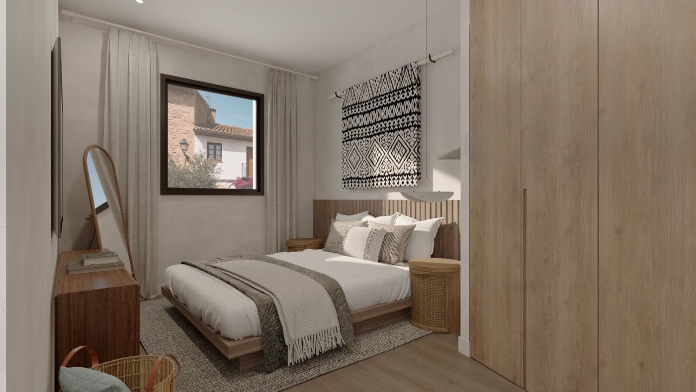 Imagen virtual de un dormitorio doble con armario empotrado y ventana al casco antiguo