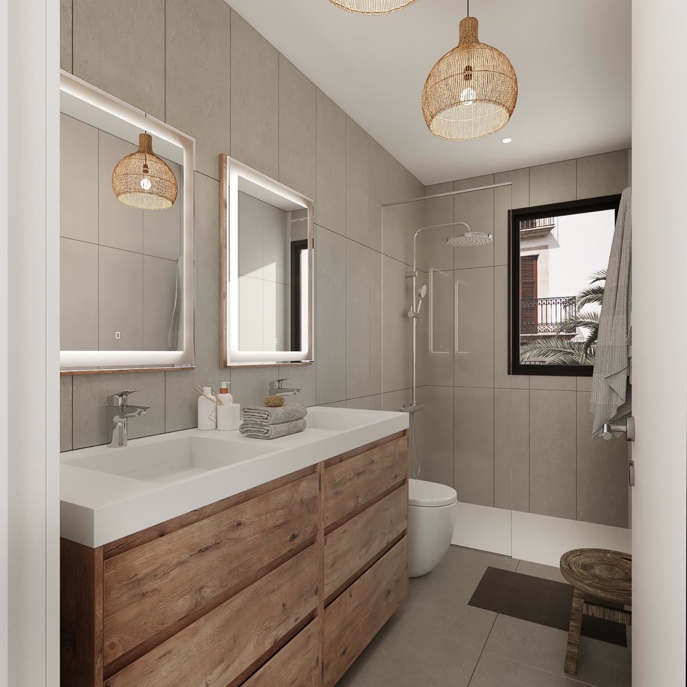 Imagen virtual de un baño con ducha, doble lavabo y mueble de madera